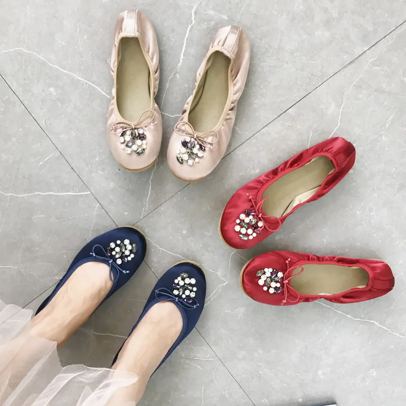 

new Ballet Flats PU ballet Casual Slip-On Crystal Rubber Silk flat Round Toe Lace-Up autumn leather shoes Autumn Leisure Solid