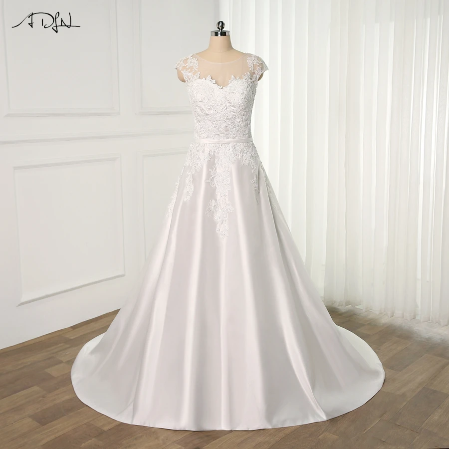 

ADLN Real Photo Cap Sleeve Plus Size Wedding Dresses Scoop Neck Applique A-line Satin White/Ivory Bridal Gown Back Buttons