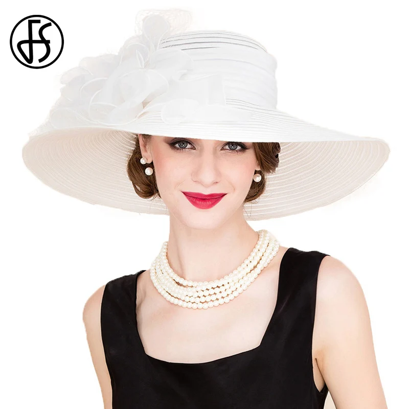 

FS Black White Elegant Women Church Hats For Ladies Summer Flowers Large Brim Organza Hat Beach Sun Kentucky Derby Hat Fedora