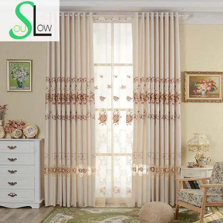 Slow Soul Gold Peony Curtain Embroidered Europe Floral Cortinas Tulle Curtains For Living Room Kitchen 3d Bedroom Roman Chinese