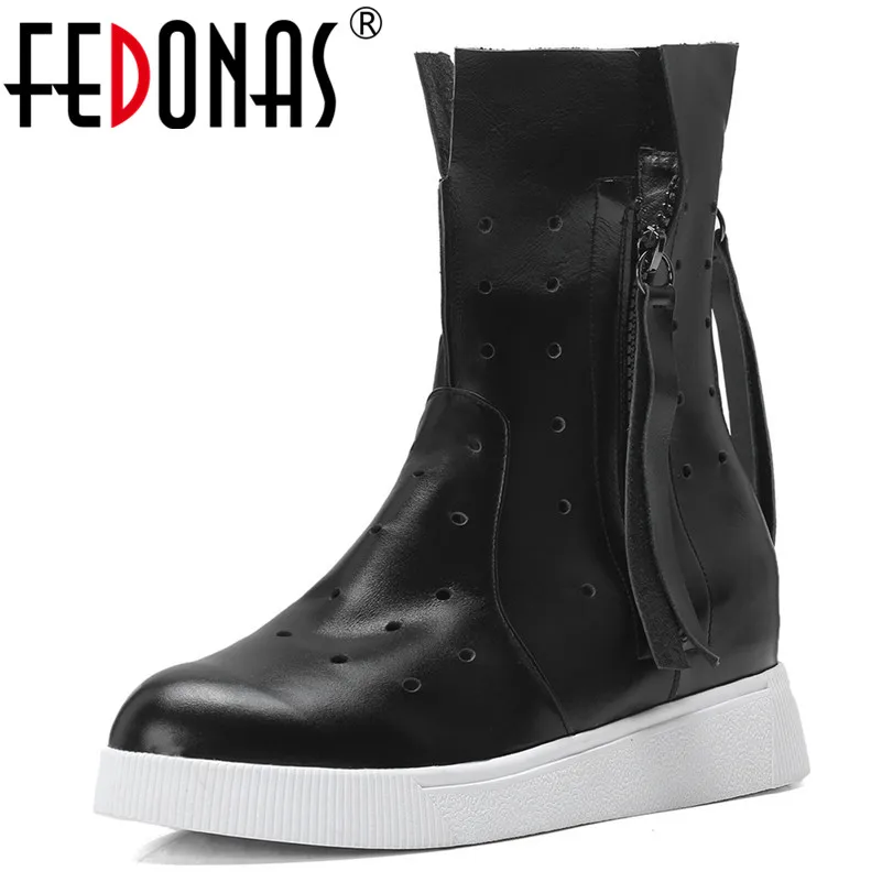 

FEDONAS Punk Genuine Leather Boots Mid-calf Boots Wedges High Heel Martin Boots Sexy Women Platform Autumn Winter Shoes Woman