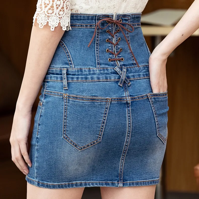 

2019 Plus Size Women Summer Black Blue Jeans Skirts Women High Waist Denim Shirts Front Zipper Back Bandage Shirts