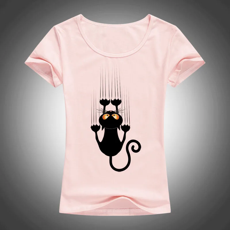 Moda divertida gato negro impreso 2017 de la historieta animal Cool T Shirt mujeres Tops camisetas o-cuello manga corta Camiseta Mujer f95