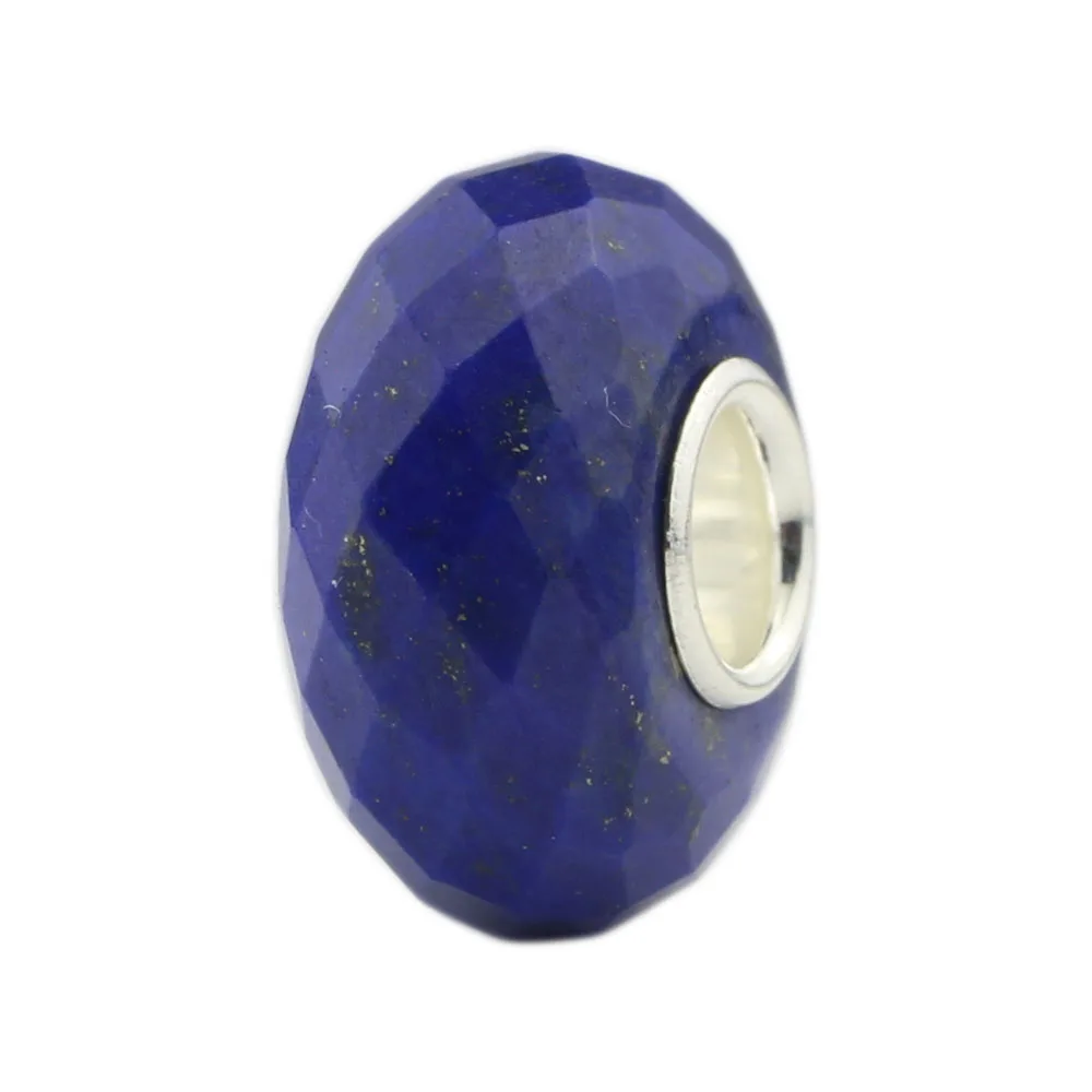 

925 Sterling Silver Faceted Natural Lapis lazuli Stone Charm Bead Fit European Troll 3.0mm Bracelet Jewelry