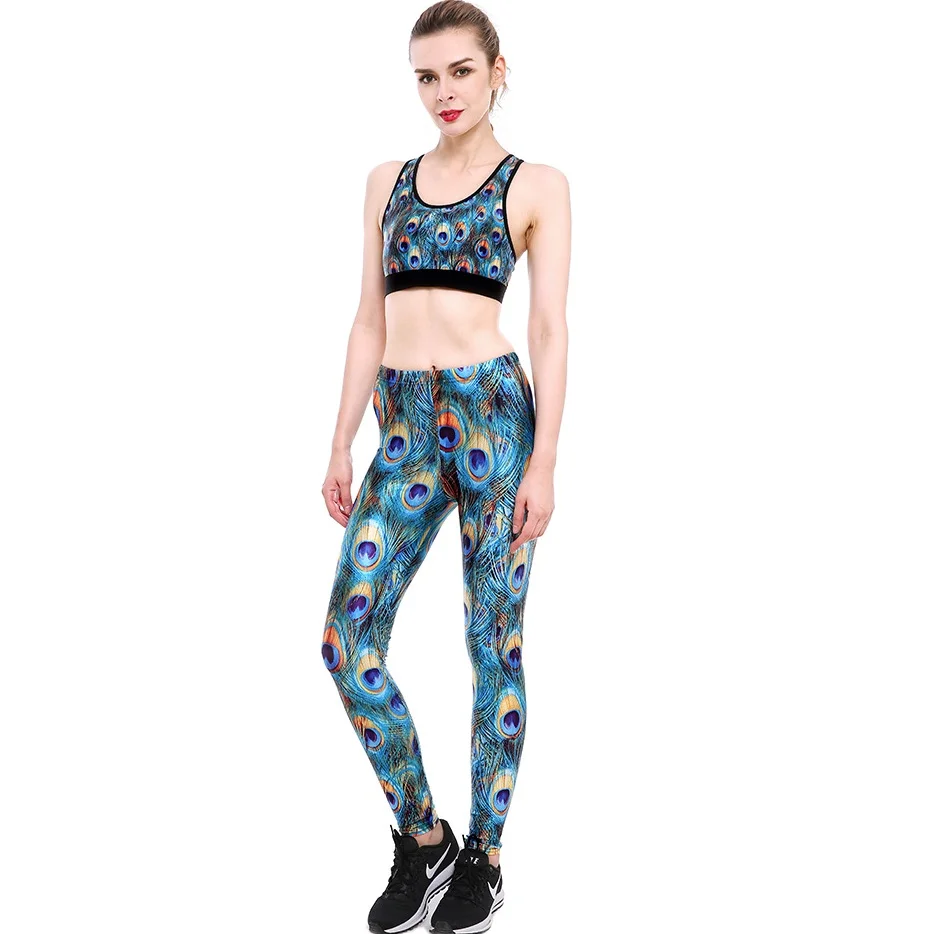 جديد الطاووس ريشة المرأة مثير طماق الرياضية الصدرية gym اليوغا الرياضة البدلة مجموعات الجوارب الإناث ممارسة اليوغا اللياقة XS-XL