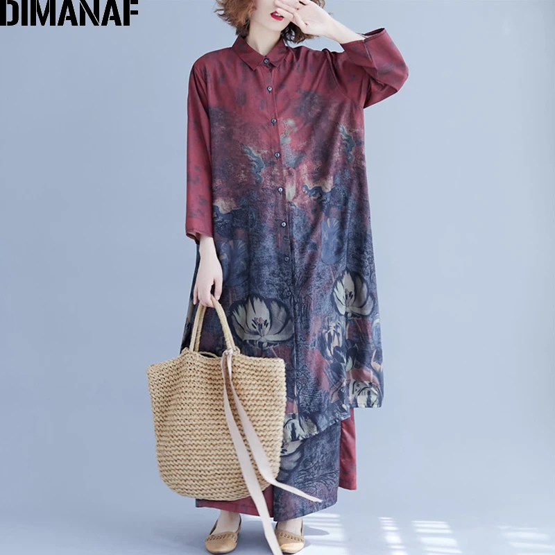

DIMANAF Plus Size Women Sets Summer Vintage Print Elegant Female Lady Tops Shirt Loose Big Size Long Pants Sets Suit Cotton 2019