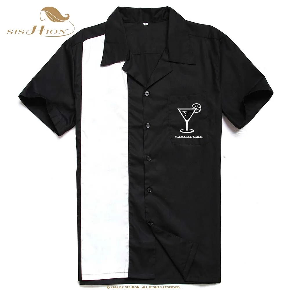 SISHION L-3XL Plus Size Men Shirt ST126 Short Sleeve Black Red Rockabilly Bowling Cotton Casual Shirts for Men camisa masculina