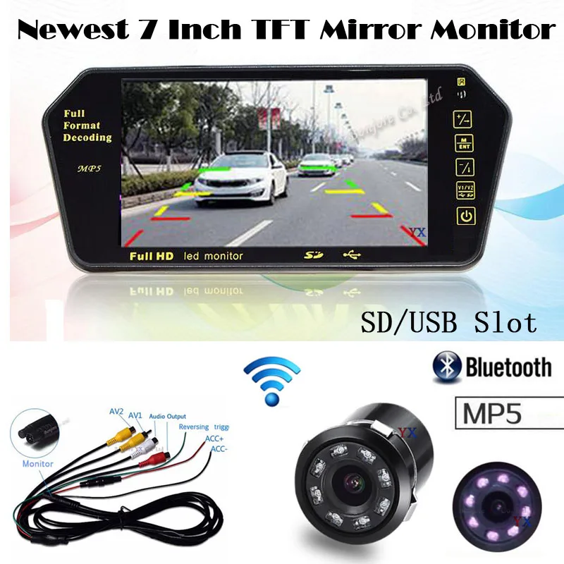 

KOORINWOO Wireless 7" Car Monitor Mirror 1024*600 Video with Car Rear view camera 8 IR lights SD USB Solt Bluetooth MP5 Parking