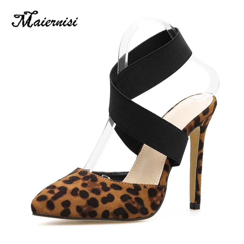 

MAIERNISI Summer Women Sandals Fashion Ladies High Heels Pumps Female Elastic Band Pointed Toe Pumps Women Shoes Leopard