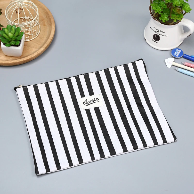 Vogvigo Black White Stripes Cosmetic Bag Pouch Women Canvas Organizer Case Cosmetic Pouch Makeup Bag Toiletry Beauty Bag