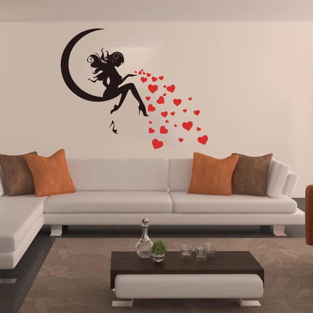 Cartoon Fairy Moon Heart Shoe Pin Up Girl Wall Sticker Kids Room Bedroom Fairy Moon Wall Decal Living Room Sofa Vinyl Home Decor (1)