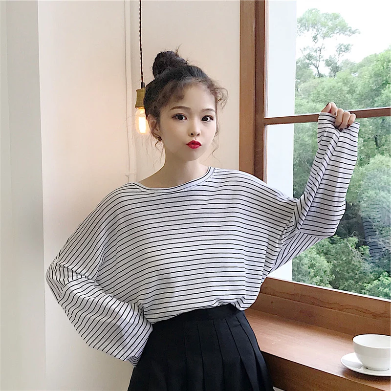 Женская футболка в Корейском стиле большого размера Harajuku с длинными рукавами в полоску уличная женская футболка Осенние повседневные футболки больших размеров