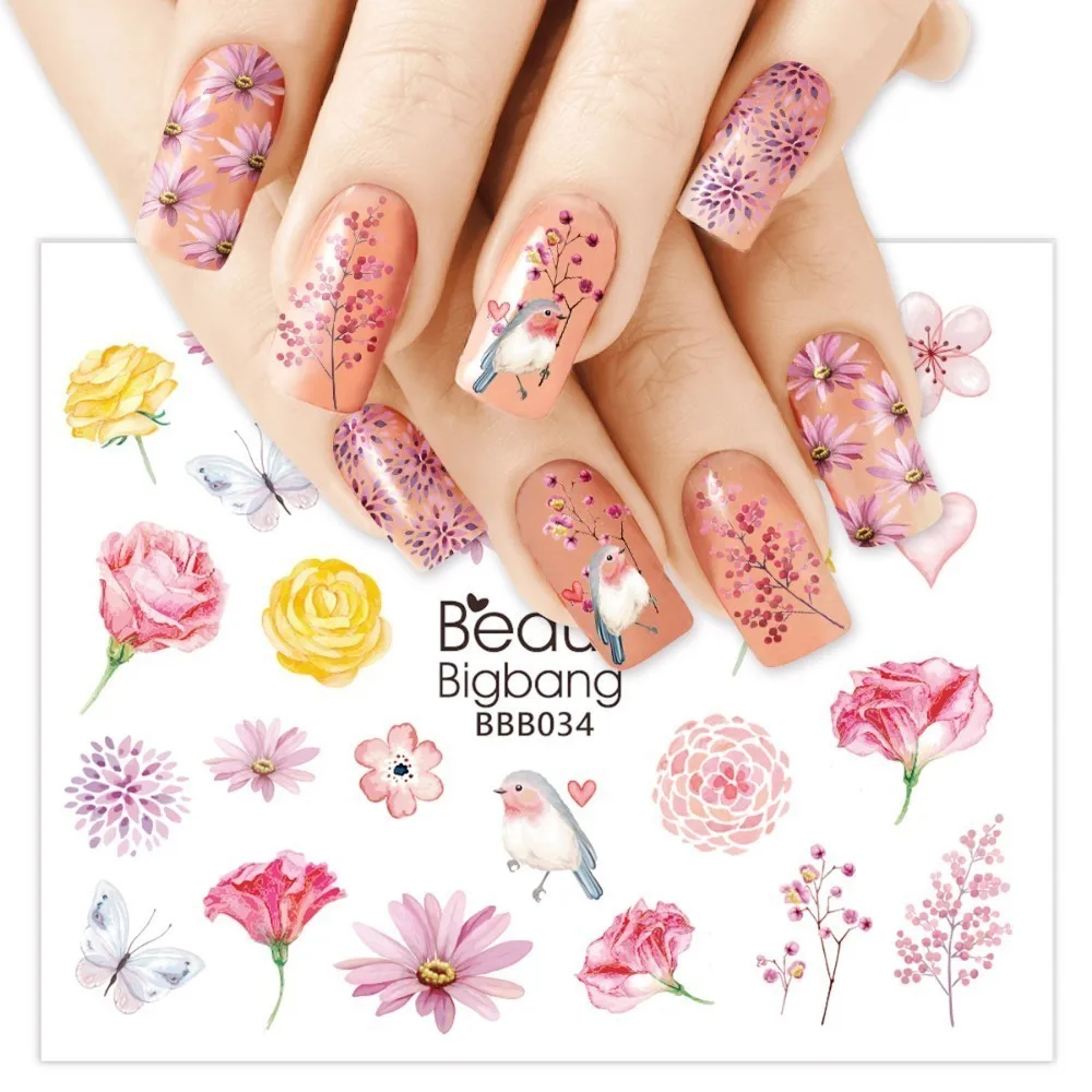 BeautyBigBang стикер для дизайна ногтей s 2 шт Ongles Розовый Цвет Бабочка птица роза цветок узор наклейки для нейл-арта BBB034