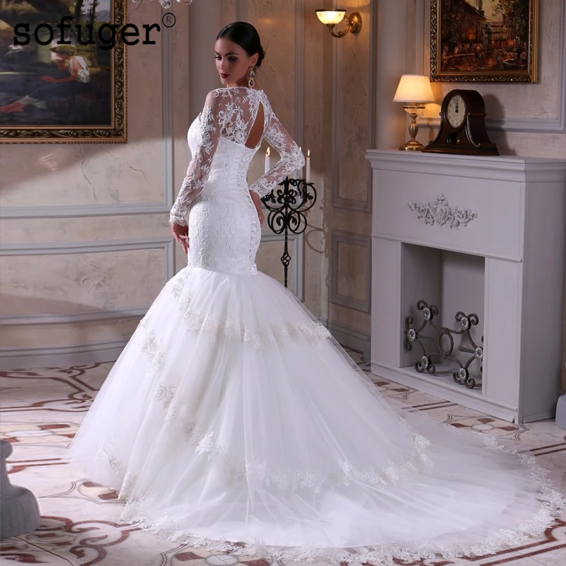 

White Scoop Lace Appliques Mermaid Lace Up Back Long Tiered Train Sleeves Bridal Wedding Dresses Vestidos de Noivas