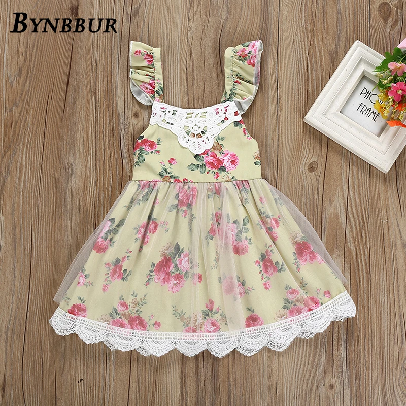 Bynbbur Mesh Lace Patchwork Floral Print Dress Girls Party Dress Sleeveless Cute Baby Backless Kid Girl Mini Dress 2019 Summer