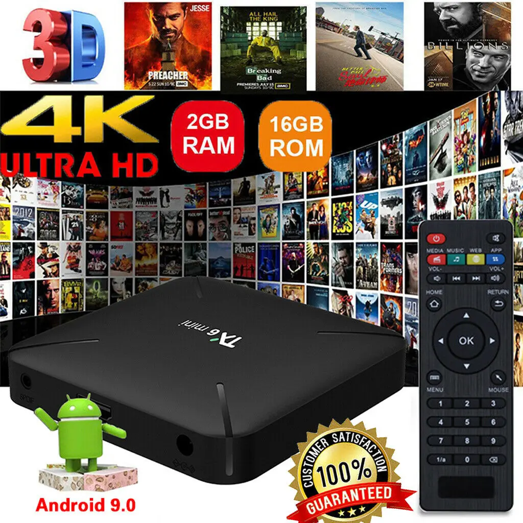 2019 6 K TX6 Мини Android 9,0 четырехъядерный 2 + 16 Гб 1080 P HD; Smart TV Box wifi USB H.265 медиа США Plug