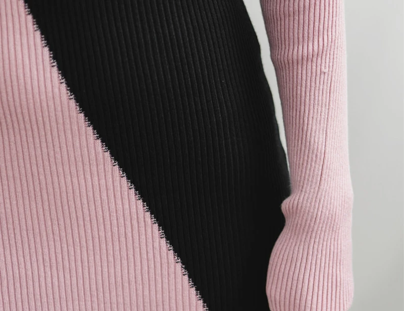 Осеннее лоскутное женское платье-свитер с О-образным вырезом и длинным рукавом, популярные цвета, обтягивающее женское платье до колен, вязаное платье