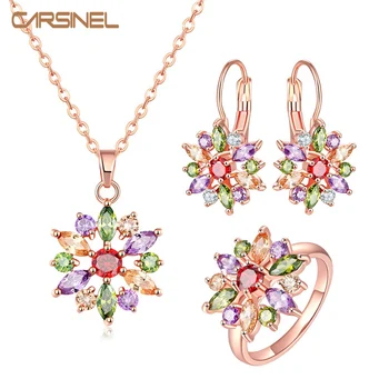 

CARSINEL Colorful Flower Jewelry Sets Wedding Rose Gold-color AAA Cubic Zircon Hypoallergenic Gift Bijouterie for Women JS0098