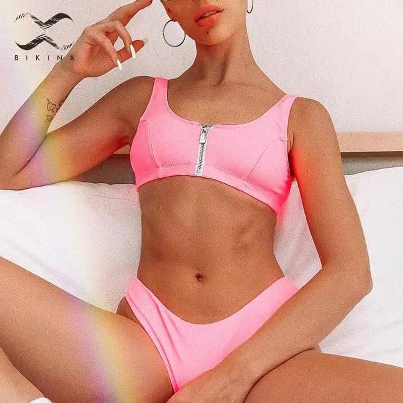 

Zipper bikini pink High cut swimwear women Push up swimsuit female Summer bathers Sexy bikini set 2019 Beach bathing suit new