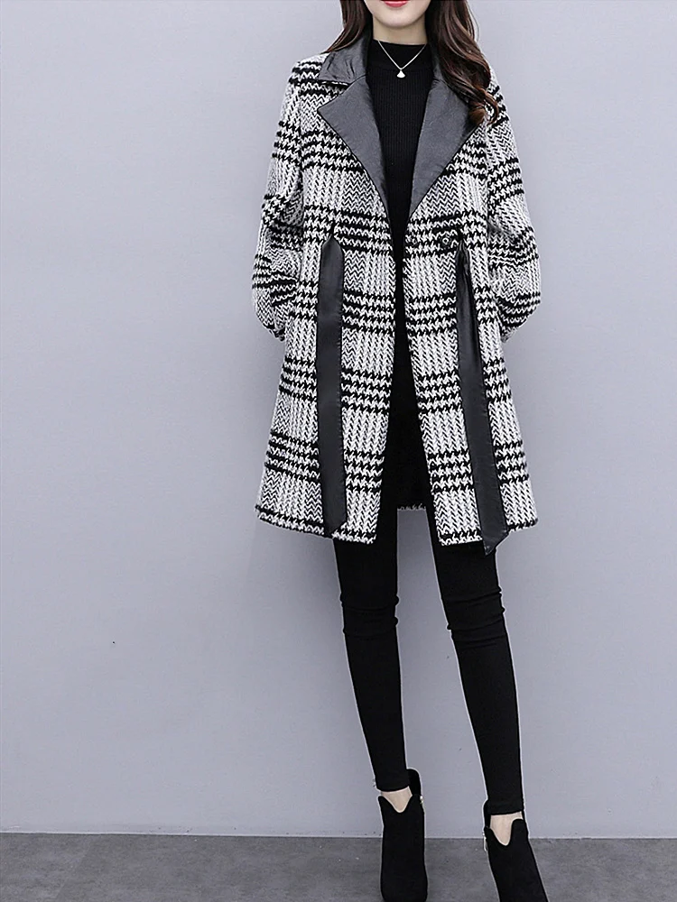 

New Loose Thin Plaid Woolen Coat Female Fashion Slim Long Lantern Sleeve Women Wool Coat Stitching Long Sleeve Women Jacket
