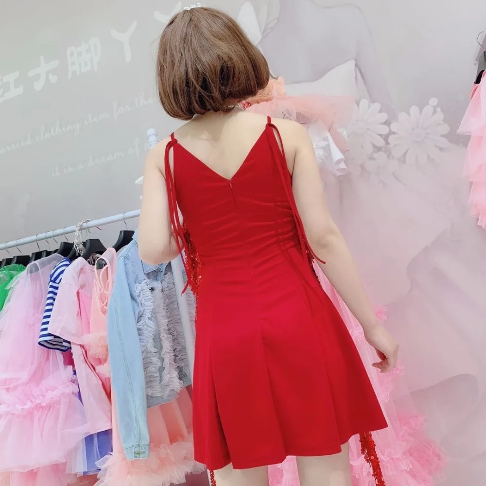 Новое летнее женское модное платье с пайетками и кисточками на тонких бретельках мини-платье женское ТРАПЕЦИЕВИДНОЕ платье без рукавов