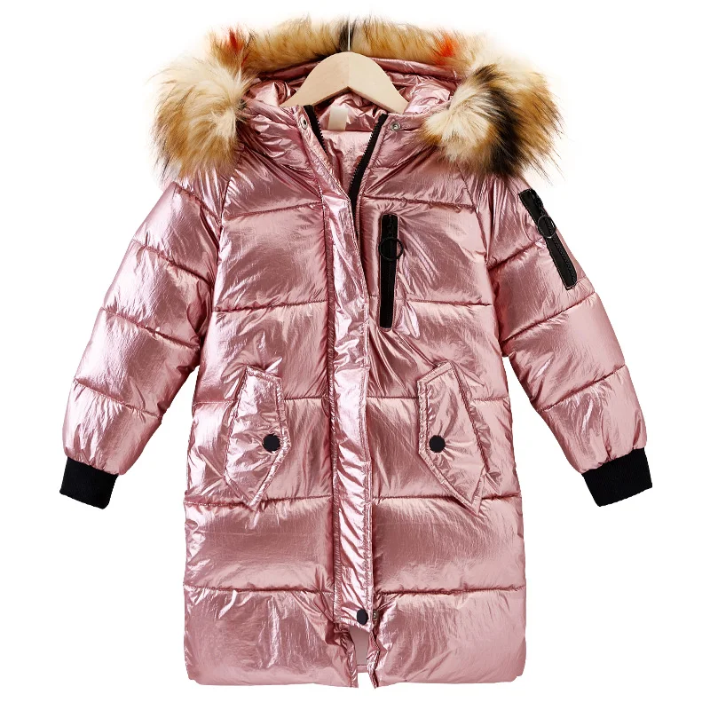

Girls pearlite layer Jackets Children Winter Clothes Girl Coats Fur Collar Hooded long down Cotton Coats Kids Outerwear
