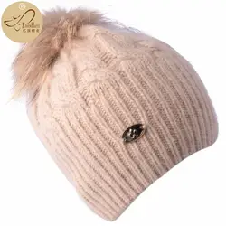 Зимняя шерстяная вязаная шапка шапочки из натурального меха норки помпоны Skullies шапка для женщин обувь девочек шляпа feminino W10-3858