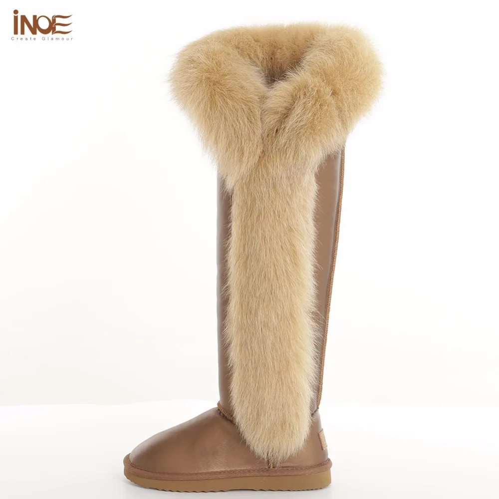 

INOE women boots fashion over-the-knee long boots shoes natural fox fur waterproof cow leather winter boots gold non-slip sole