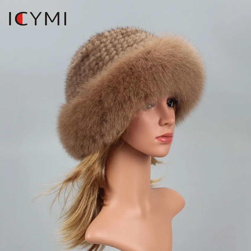 ICYMI настоящая меховая шапка зимняя для женщин Шапки натуральный мех норки с лисьим мехом шапка роскошный бренд русский солнце Вязание Панамы