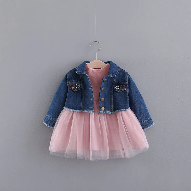 

2018 Sale Limited Solid Vestido Infantil Baby Dress Spring Han Edition Girls Jean Jacket + Gauze Long-sleeved Dress Princess