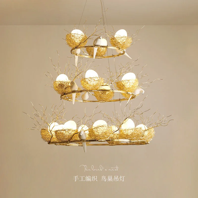 

L Duplex floor living room chandelier atmospheric nest creative personality handmade branch clothing store lamps birds