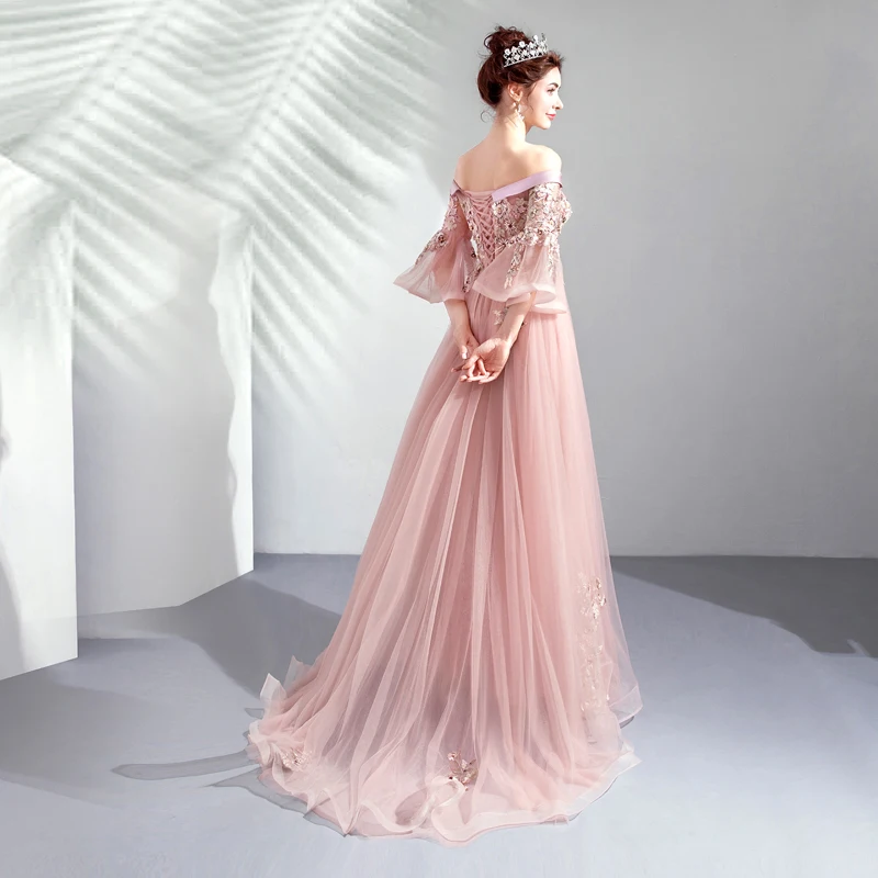 SSYFashion новое розовое вечернее платье с вырезом-лодочкой и рукавами 3/4, кружевное вышитое бисером длинное вечернее платье в пол