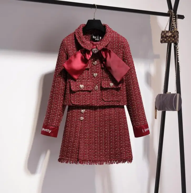 

2018 New Fashion Autumn Women's Large Bow Short Woolen Suit Jacket + High Waist Tassel Skirt Two-piece Ladies Elegant Skirt Suit