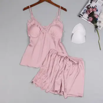 

Summer Silky Satin Pajamas Pyjama Set Women Sexy Cami&Shorts Sleep Suit Flower Bow 2PCS Sleepwear Nightwear Casual Negligee