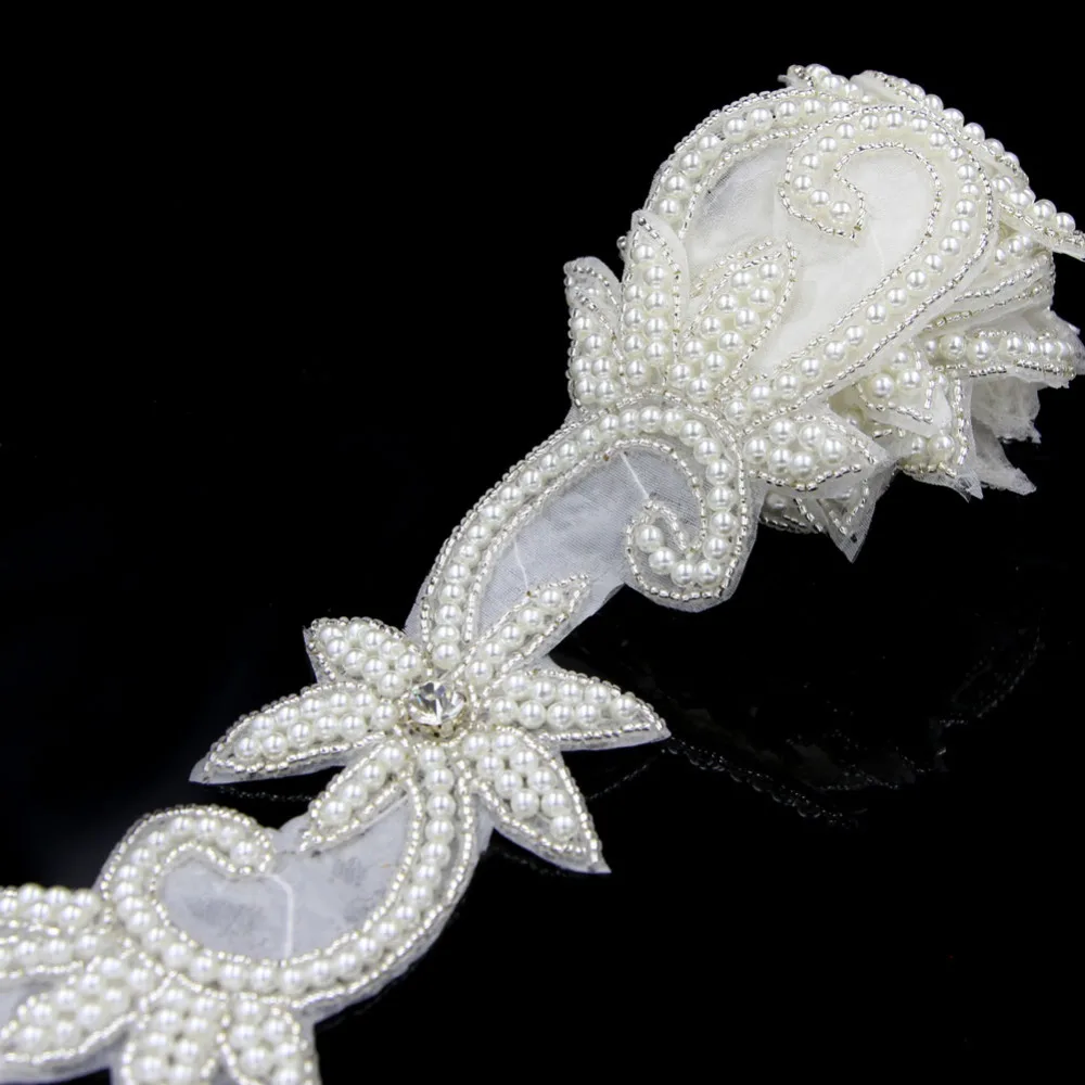 1 Yard Beige Pearl Applique Flower Sewing Trims On For Wedding Bridal Dress R2711F01 | Дом и сад