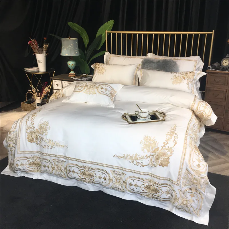 

Luxury Golden White 100S Egyptian cotton Embroidery Bedding sets Queen King Royal Duvet cover Bed sheet set Pillowcases 4/6pcs