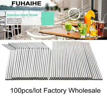 

FUHAIHE 100pcs/lot Metal Straw Reusable Wholesale Stainless Steel Drinking Tubes 260mm*6mm Straight Bent Straws For Drink