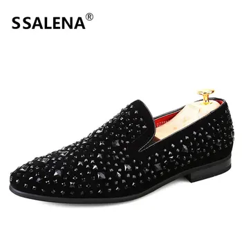 

Men Black Striped Rhinestone Dress Shoes Men Luxury Office Party Loafers Shoes Male Wedding Slip-On Formal Shoes AA51538