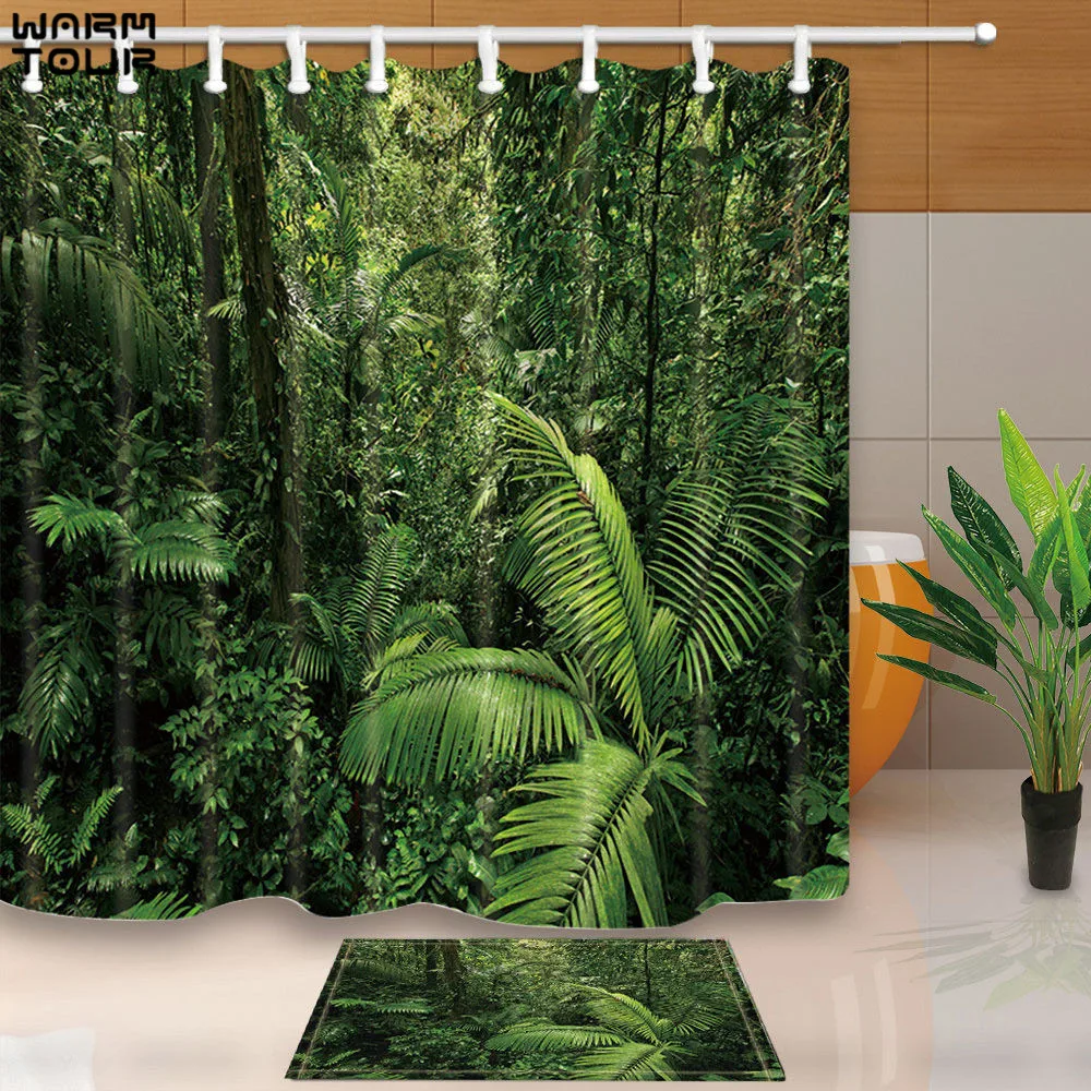 Warm Tour Custom Rainforest Decorative Waterproof Fabric Bathroom Shower Curtains Set 12 Hooks