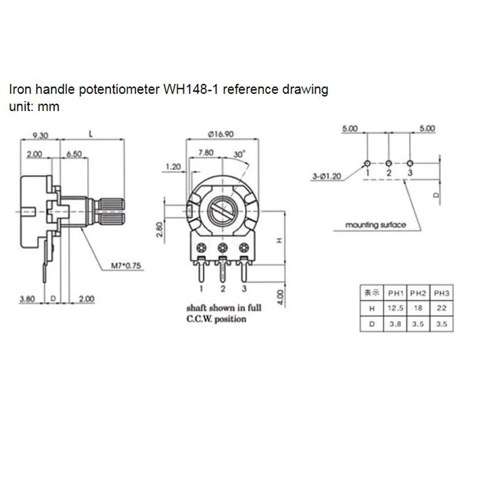 10 шт. линейный потенциометр WH148 B1K B2K B5K B10K B20K B50K B100K B250K B500K B1M 15 мм вал с гайками шайбы
