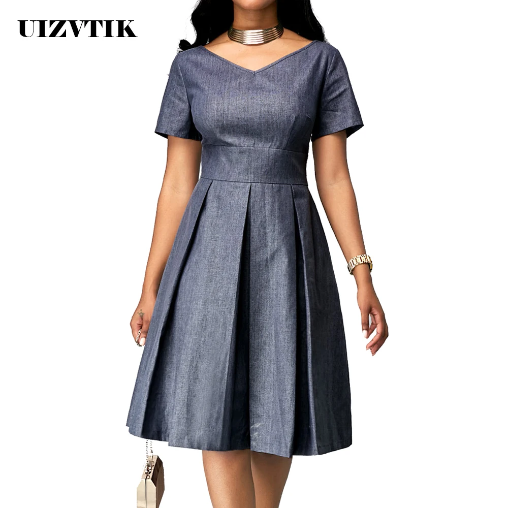 

Summer Dress Women 2019 Casual Plus Size Slim Solid Office A Line Dresses Elegant Vintage Sexy V Neck Long Evening Party Dress