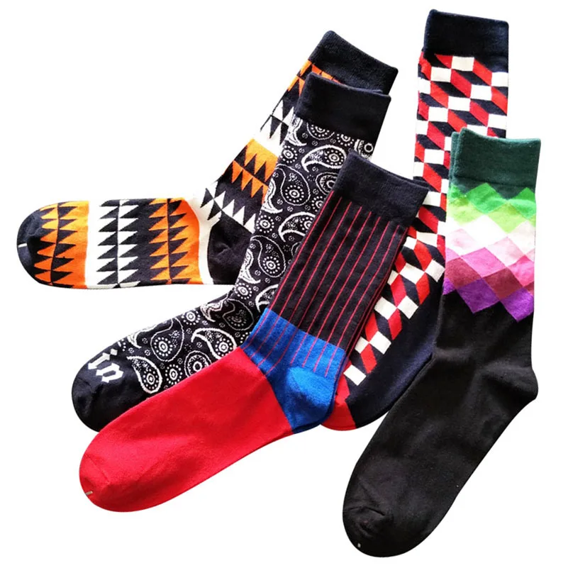 

5 Pairs/lot Men's Funny Colorful Combed Cotton Socks Red Argyle Dozen Pack Casual Happy Socks Dress Wedding Socks Male Meias Sox