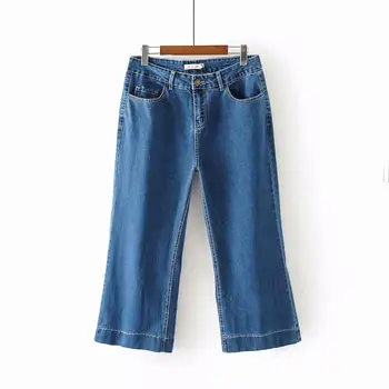 

Plus size women's middle waist elastic retro casual wide leg jeans ankle pants