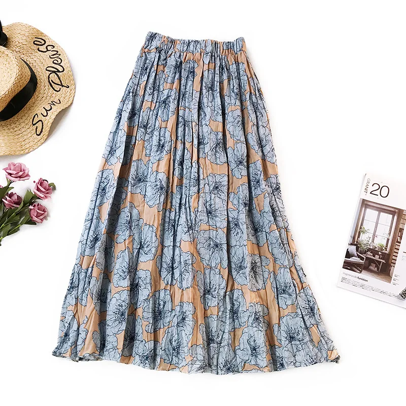 Wasteheart Pink Blue Yellow Flower Printed Women Skirts High Waist Pleated Mid-Calf Skirts A-Line Chiffon Clothing Plus Size Wasteheart Pink Blue Yellow Flower Printed Women Skirts High Waist Pleated Mid-Calf Skirts A-Line Chiffon Clothing Plus Size