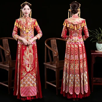 

Rhinestone Royal Bride Dress Top Quality Embroidery Women Qipao Traditional Phoenix Cheongsam Gold Tassels Marriage Suit
