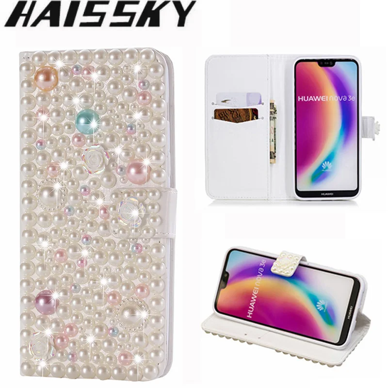 

Haissky Original Huawei P20 Lite Case 3D Pearl Flower Bling Diamond Wallet Flip Leather Cover For Huawei Mate 10 Lite Phone Case