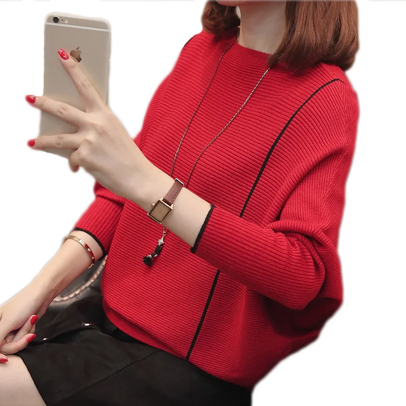 2018 Autumn New Korean Version of The Word Collar Shoulder Shirt Bat Sleeve Knit Fashion Casual Loose Head Long Sweater | Женская одежда