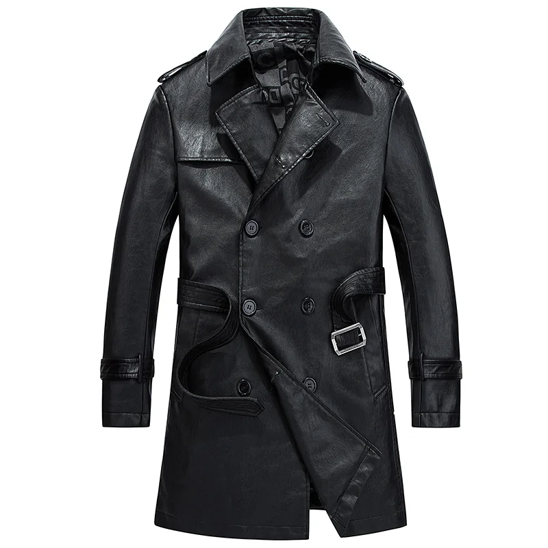 Мужское кожаное пальто зимнее длинное мотоциклетное из искусственной кожи|coat