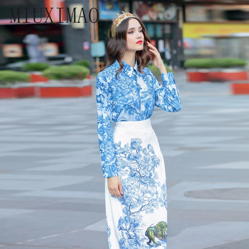 

2018 Latest Europe Fashion Suit Sets 2 Piece Turn-down Collar Full Sleeve Slim Top +Mid-Calf Skirt Button Elegant Suit Women