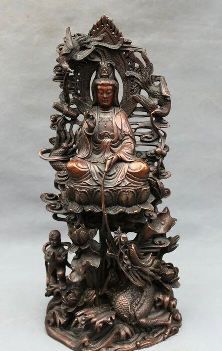 

18" Chinese Pure Bronze Dragon Phoenix Kid Lotus Pot Kwan-yin GuanYin Statue